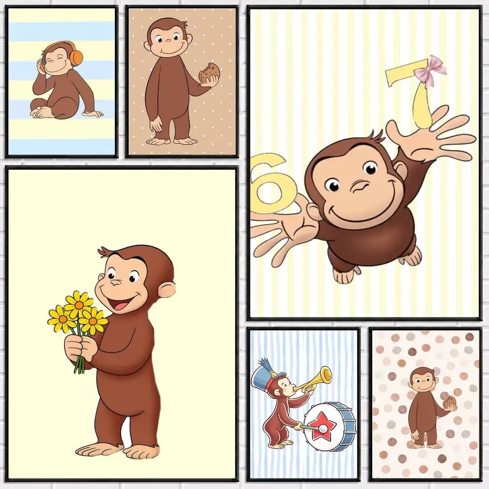 C-Curious George Cute Monkey Kids Graphic Poster Versatile HD Waterproof Wall Art Self-Adhesive Decor for Any Space Ideal Gift