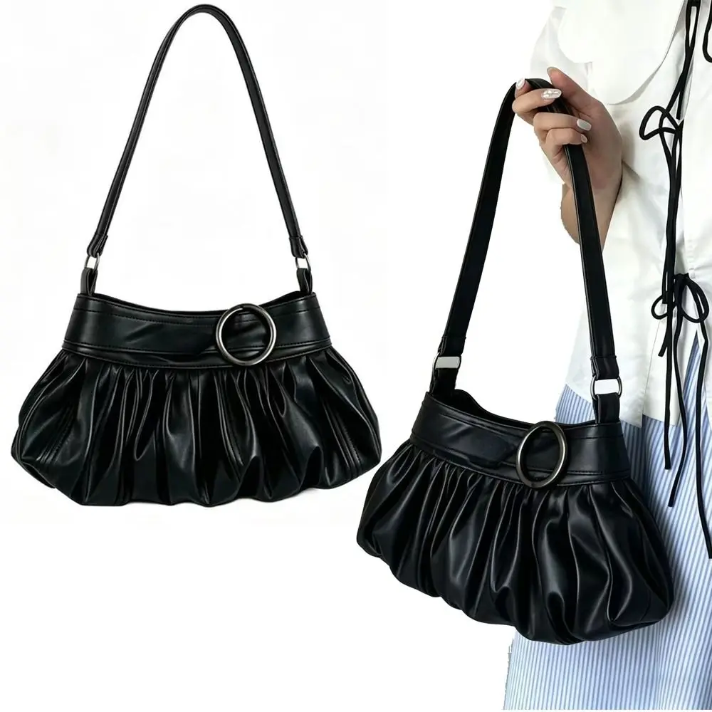 Vintage Soft PU Shoulder Bag Large Capacity Ruched Cloud Underarm Bag Black Y2K Style Commutting Bag For Girls Daily Use