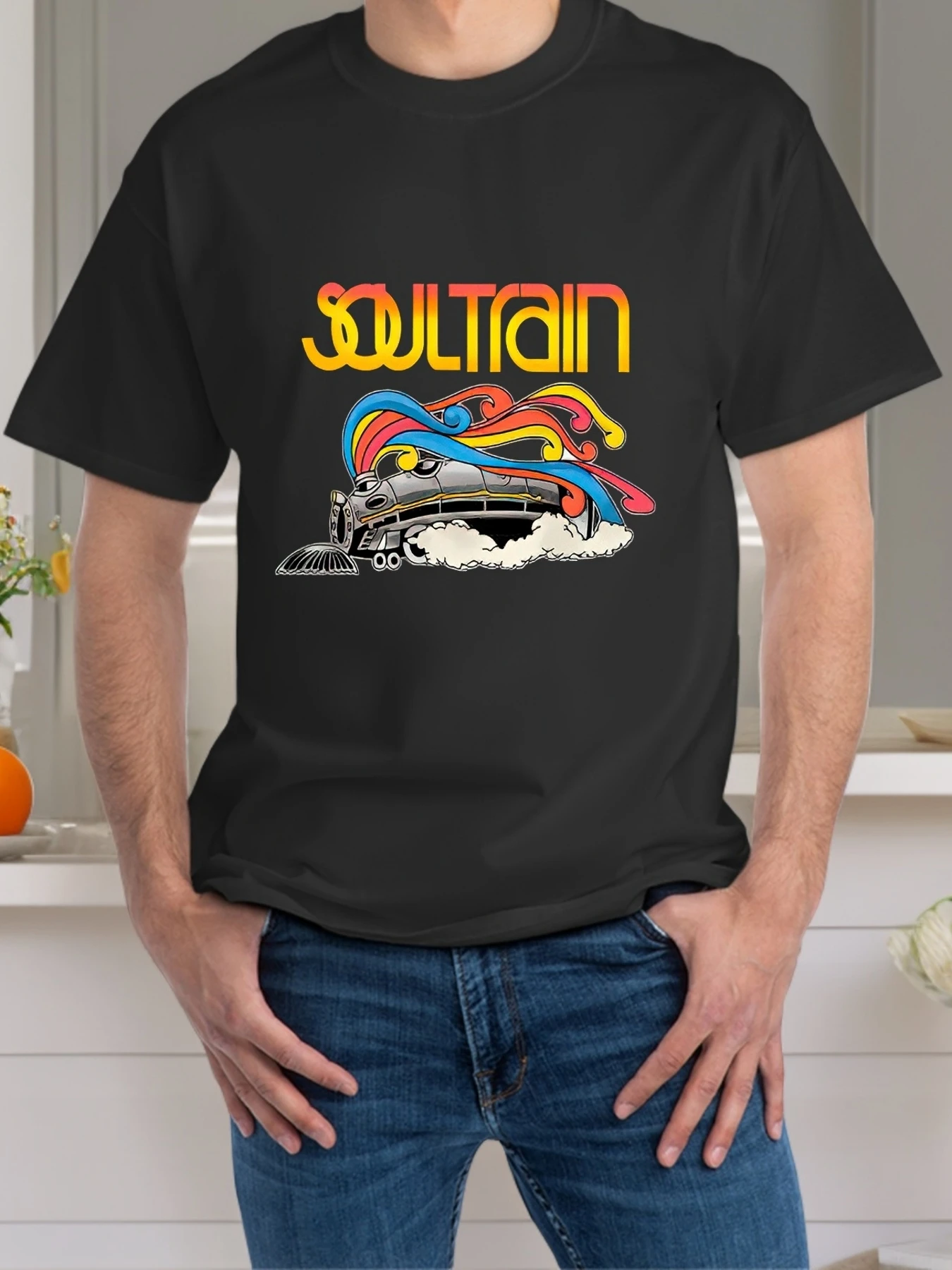

Men's Retro Soul Train Graphic T-Shirt - Black Casual Short Sleeve Cotton Tee with Vibrant Colorful Design
