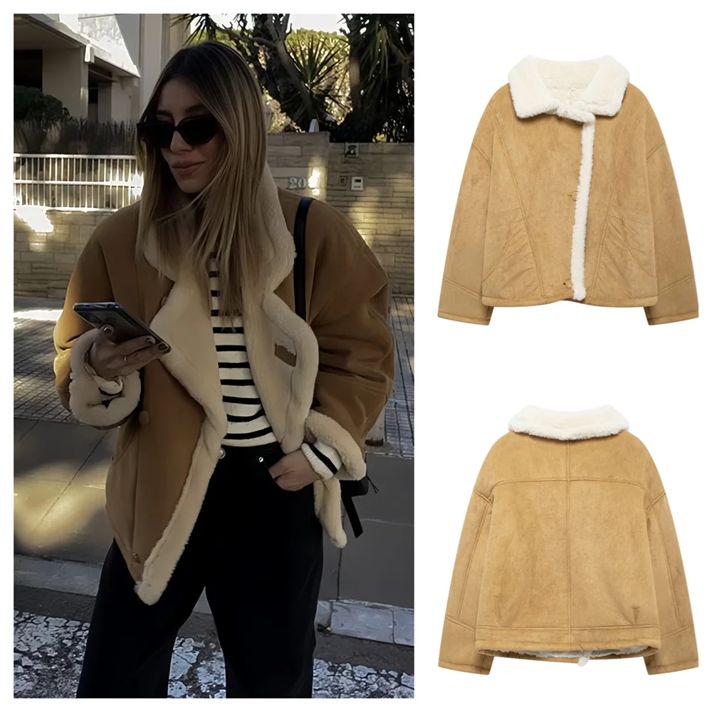 PB&ZA2024 Autumn New Women\'s Clothing Style Warm Suede Lamb Wool Coat Thickened Fur Integrated Short Motorcycle Wear