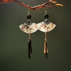 New Chinese Style Fan Resin Tassel Earrings for Women Fashion Trend Ear Hook Temperament National Style Jewelry Female Gift