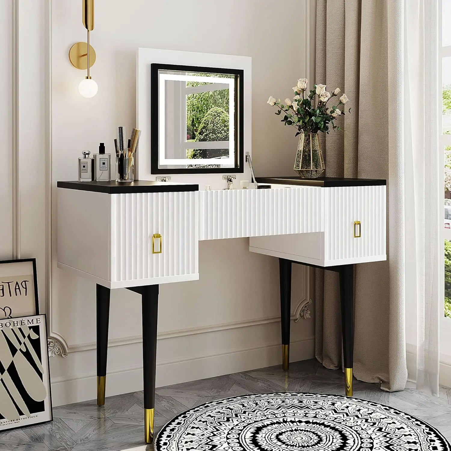 White Makeup Vanity Desk With Mirror And Led Lights, Wood Flip-Top Dressing Table With Storage, White+Black