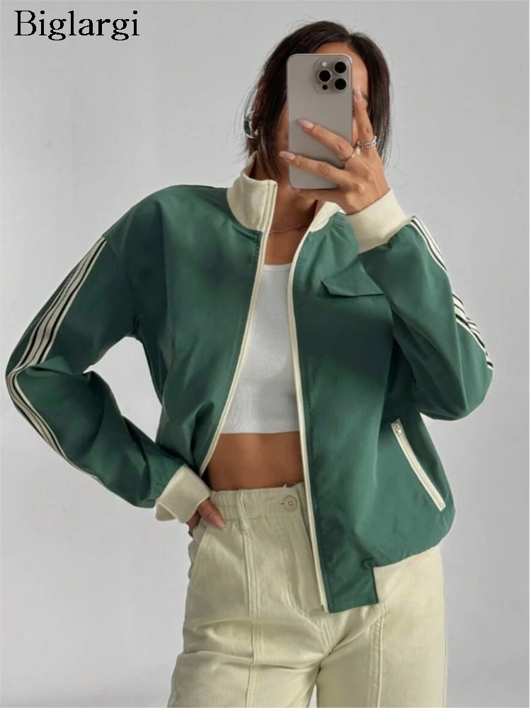 

Осеннее пальто, женские полосатые лоскутные модные женские укороченные куртки с принтом, повседневные свободные женские пальто с длинными рукавами