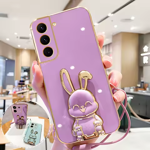 S 21 22 23 24 Plating Rabbit Holder Lanyard Case For Samsung Galaxy S21 S22 S23 S24 Fe S25 Plus Ultra Silicone Stand Cover S21fe