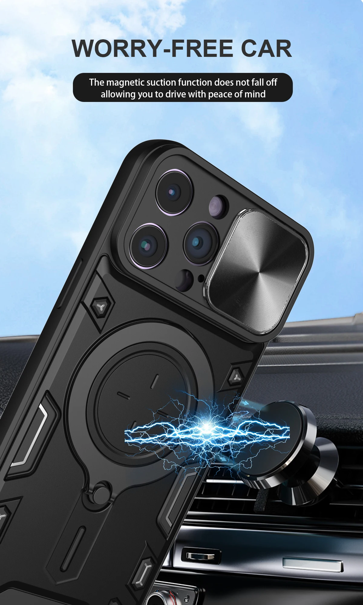 Phone Case Slide Camera Lens Protect Armor Cover For iPhone 16 Pro Max 16 Plus 15 Pro Max 15 Plus Back Cover Car Magnet Holder