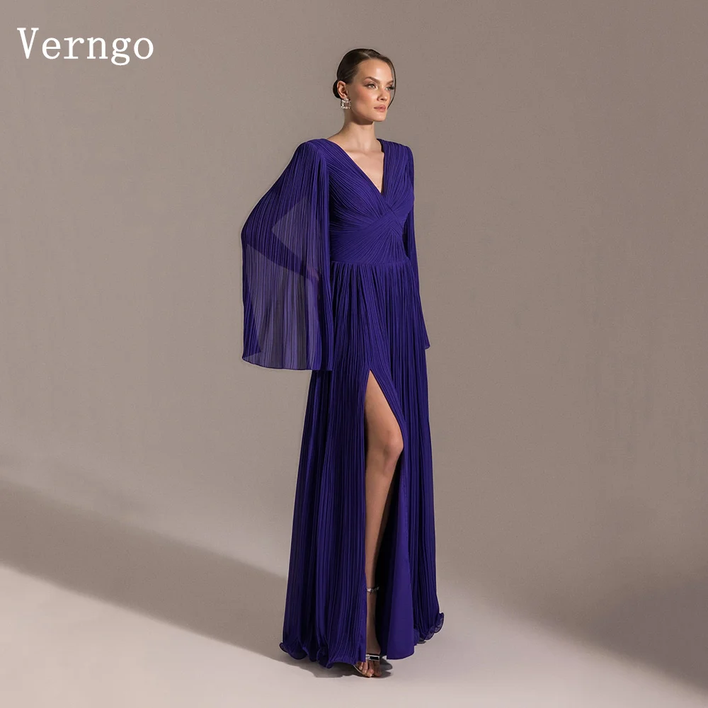 

Verngo Royal Chiffon Evening Dress V Neck Full Sleeves A Line Side Slit Formal Occasion Pleated Prom Party Gowns Customized
