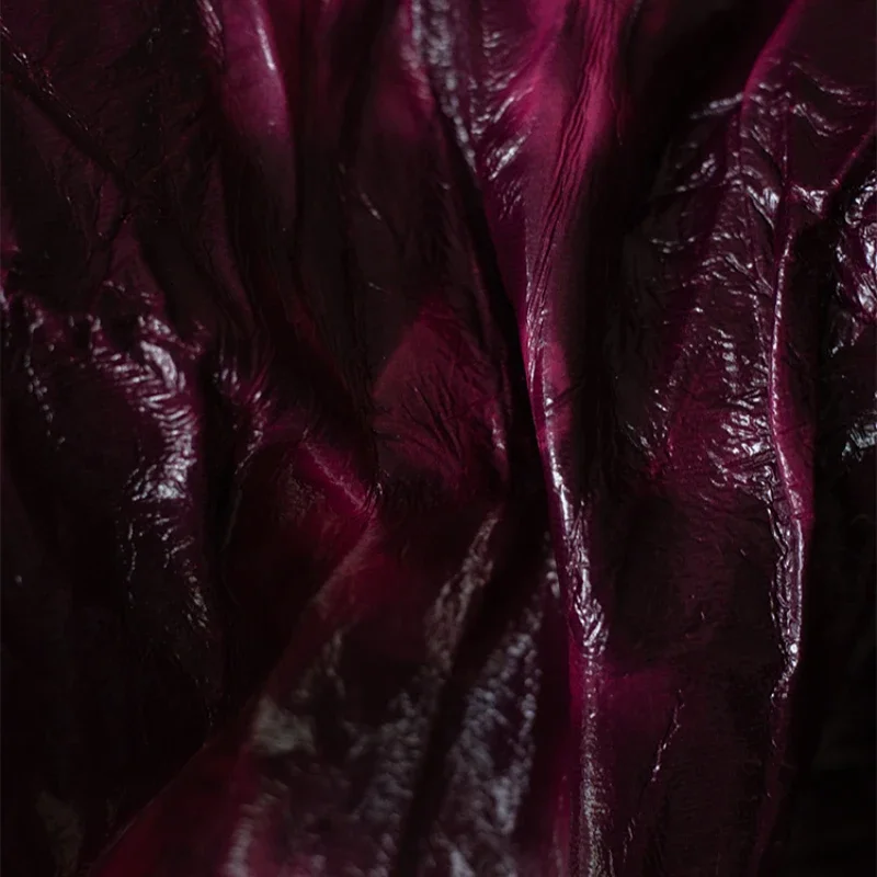 Oil Wax Leather Fabric Purple Red Pleated Texture Creative Fashion Show Jacket Cloth Apparel for Diy Sewing Meters Material