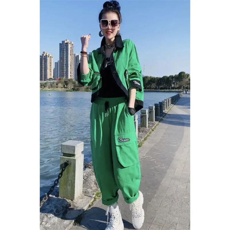 Green Fried Street Long Sleeve Two-piece Suit 2024 Spring and Autumn New Ladies Fashion Big Pocket Design Sense Joker Loose Set