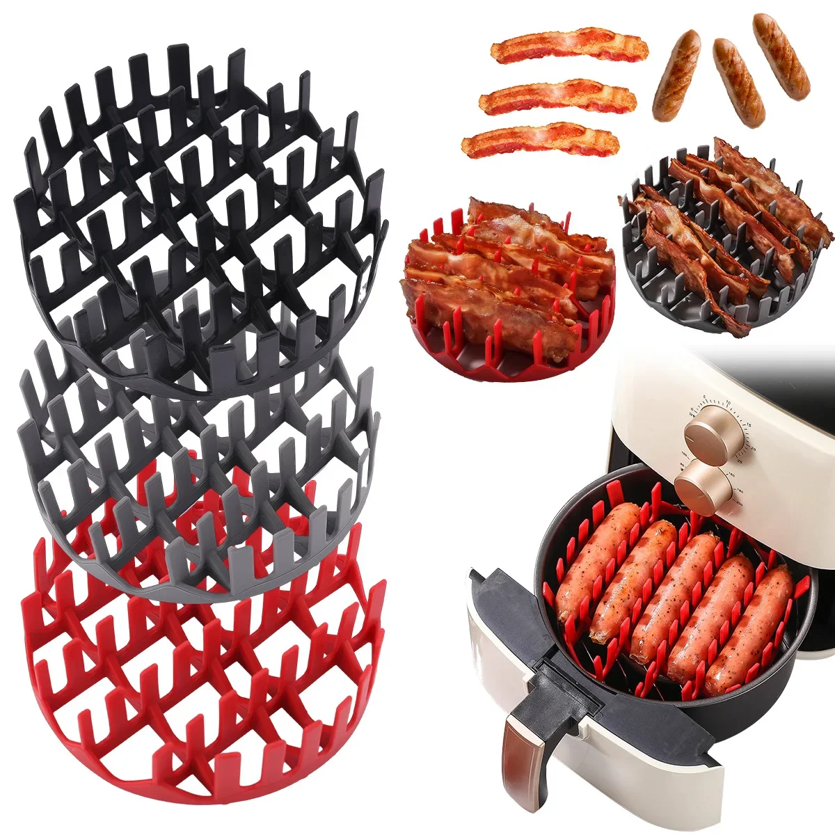 

Airfryer Silicone Rack Reusable Sausage Bacon Baking Tray Silicone Mold for AirFryer Fried Basket Air Fryer Liners Accessories