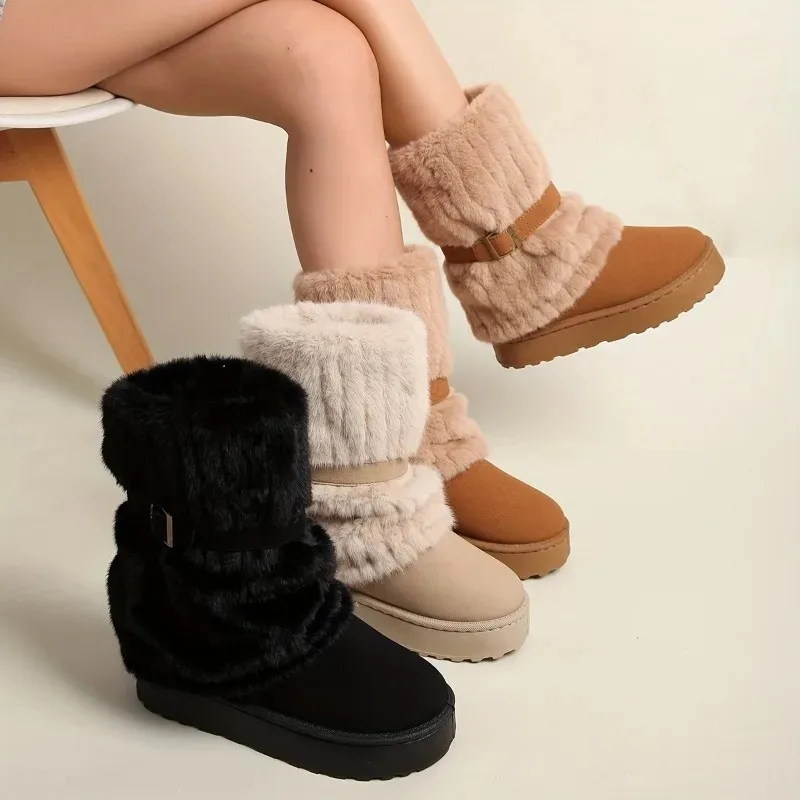 

Women Thick Sole Faux Fur Snow Boots Winter Warm Thick Plush Cotton Shoes Woman Comfortanle Non Slip Platform Ankle Botas Mujer