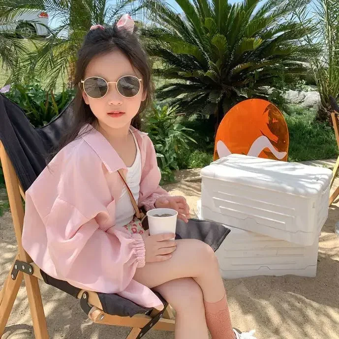 Girls Shirt and Sun-Proof Clothing 2024 Summer New Korean Style Western Style Children's Thin Coat Thin Long Sleeve Shirt