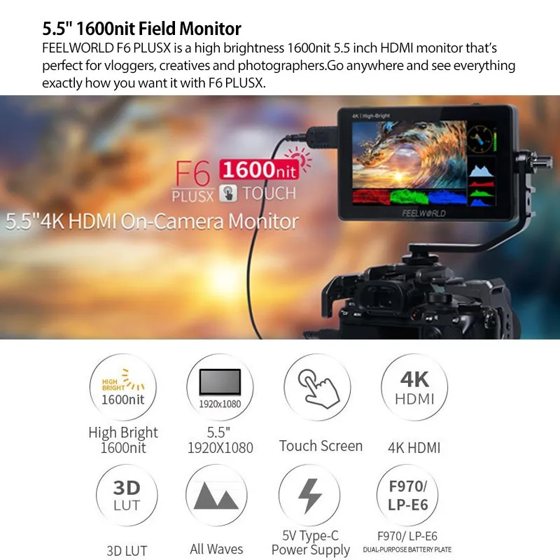 FEELWORLD F6 PLUSX Monitor 1600nit 5.5 InchTouch Screen DSLR Camera Field 4K HDMI Monitor IPS FHD1920x1080