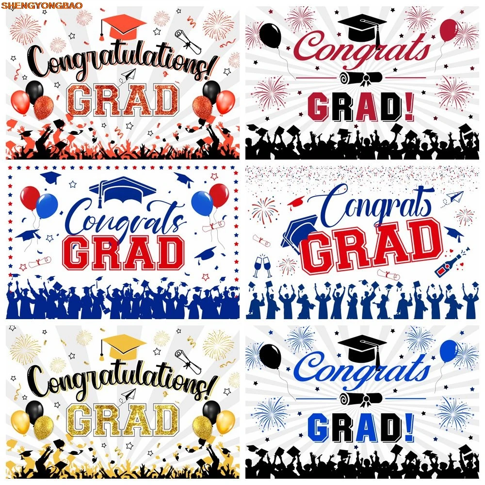 

Congratulations Grad Photography Backdrop Degree Cap Firework Balloon Graduate Portrait Photo Background Banner Photo Studio
