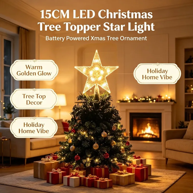 LED Christmas Tree Star Topper 15CM, Battery Powered Light Ornament for Xmas Tree Home Holiday Decoration