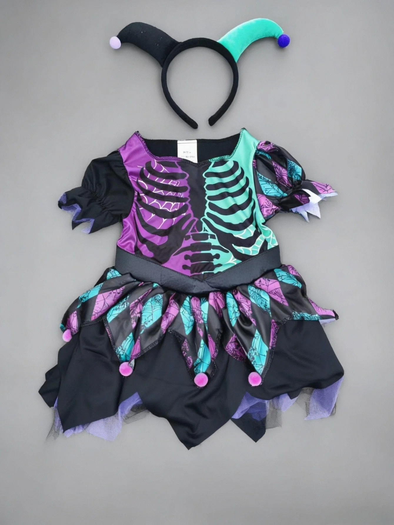 Halloween Girls Skeleton Jester Costume Clown Tutu Dress with Jester Headband view 3