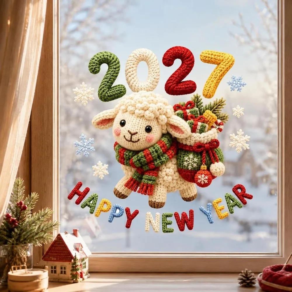 Colorful Happy New Year Window Stickers 2D Flat Print Waterproof 2027 Sheep Year Stickers Large Size Funny