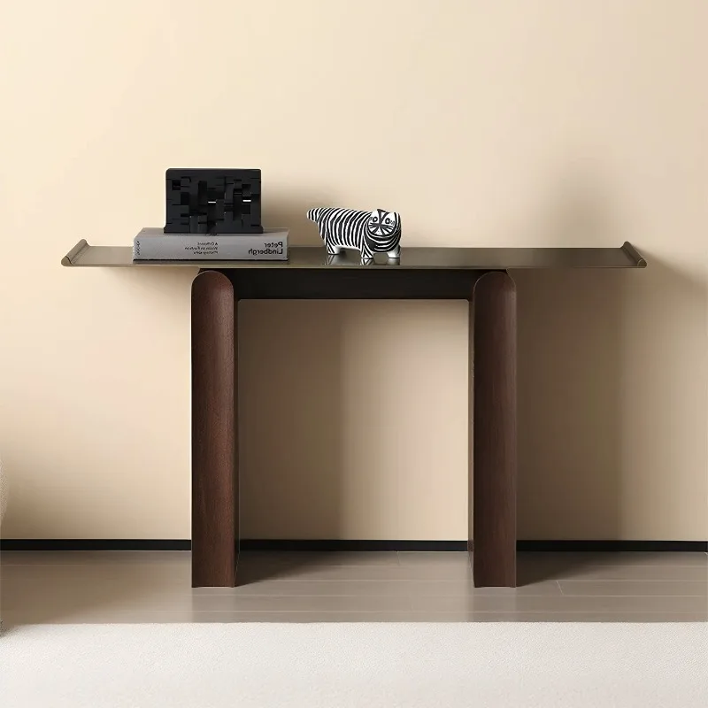 Medieval solid wood entrance table Zen high-end entrance platform foyer entrance stainless steel strip case end-view