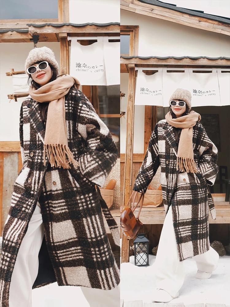 เสื้อโค้ทกันหนาวสำหรับผู้หญิง แขนยาว ความยาวครึ่งน่อง ผ้าขนแกะเทียม ลายสก็อต อุ่น หนา แฟชั่น กระดุมสองแถว