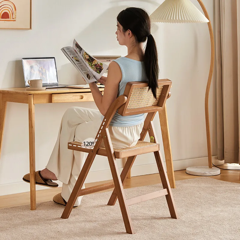 Wicker folding dining chair, backrest chair, simple homestay, solid wood home living room stool, leisure backrest dining chair