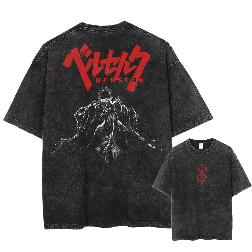 T-shirt Oversize Anime Berserk Été 2026, Guts l'Épéeuse Noire & Brand of Sacrifice, Imprimé Double Face, Décontracté, Effet Délavé