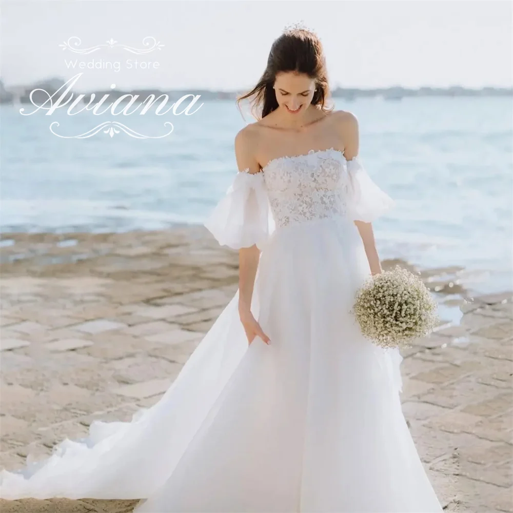 

Aviana Customized Off The Shoulder Puff Sleeve Lace Wedding Dress Bridal Gown A-Line Silhouette Chapel Train Beach Weddings