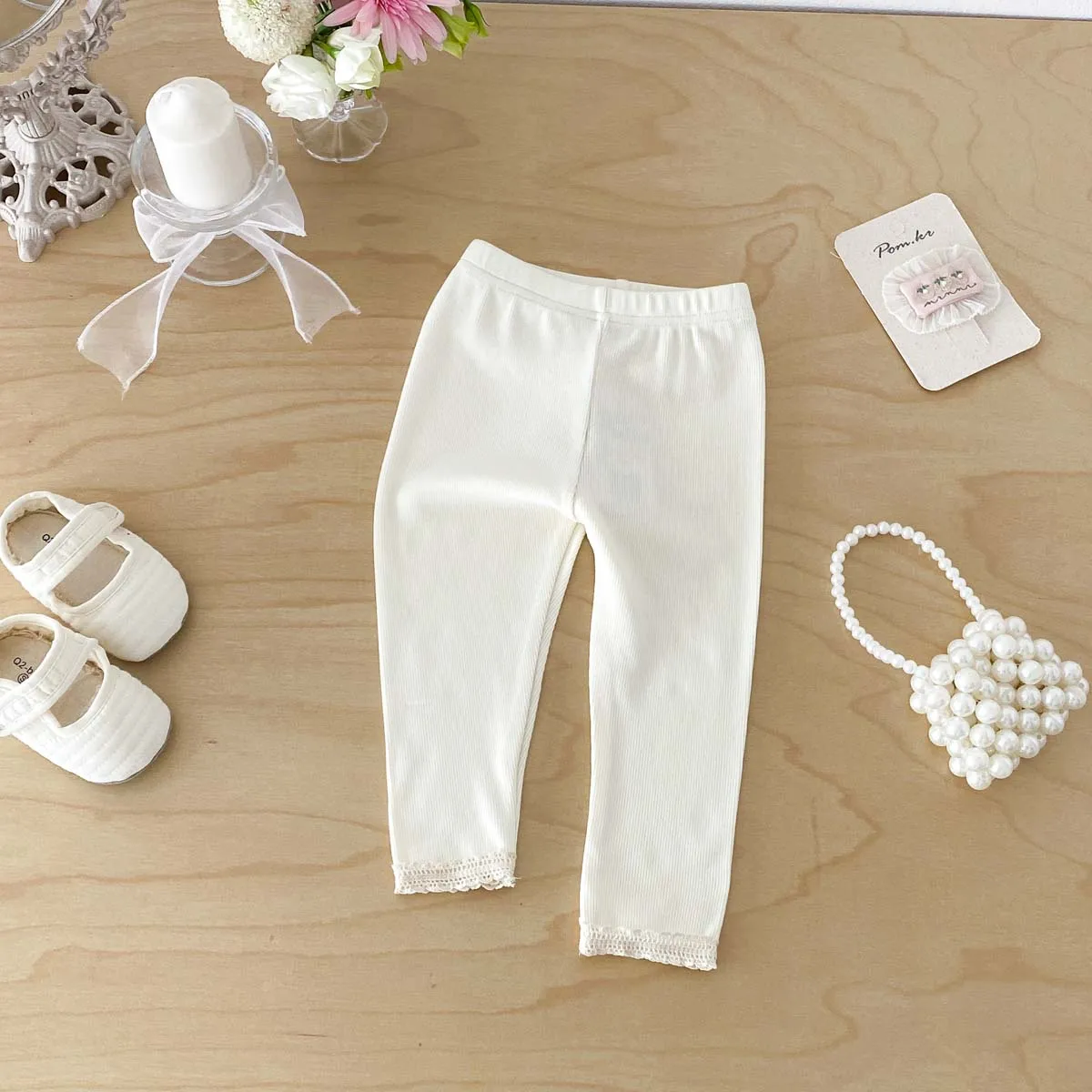 Infant Baby Spring Autumn Ribbed Leggings Pants Elastic Waist Lace Hem Stretchy Knit Daily Matching Bottoms Soft Skin Friendly I
