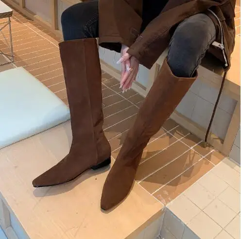 Fall Women Brown Black Army Green Suede Genuine Leather Small Square Toe Flat Tube Slip On Knee High Boots Size 33 Long Botas