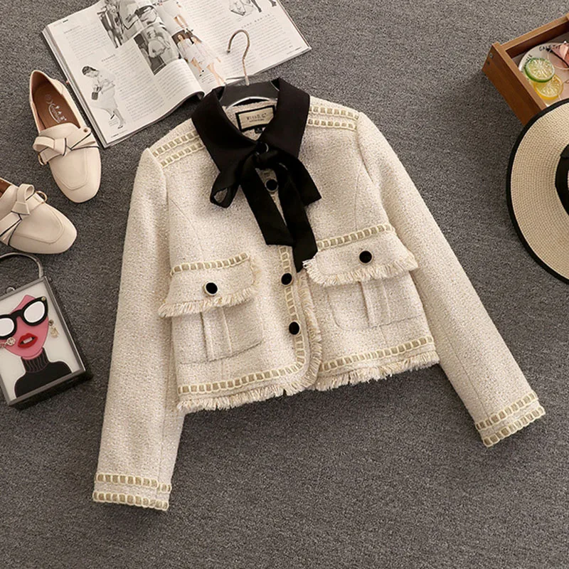 Spring Two-Piece Suit Women Turn-Down Collar Bow Single-Breasted Tweed Jacket Pleated Skirt Set Elegant Sweet Apricot Coat