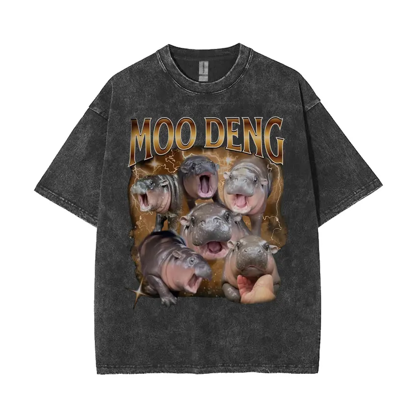 Funny Meme Jesus Holding Moo Deng Cute Baby Hippo T Shirt Unisex Harajuku Vintage Washed T-shirt Men Casual Cozy Oversized Tees