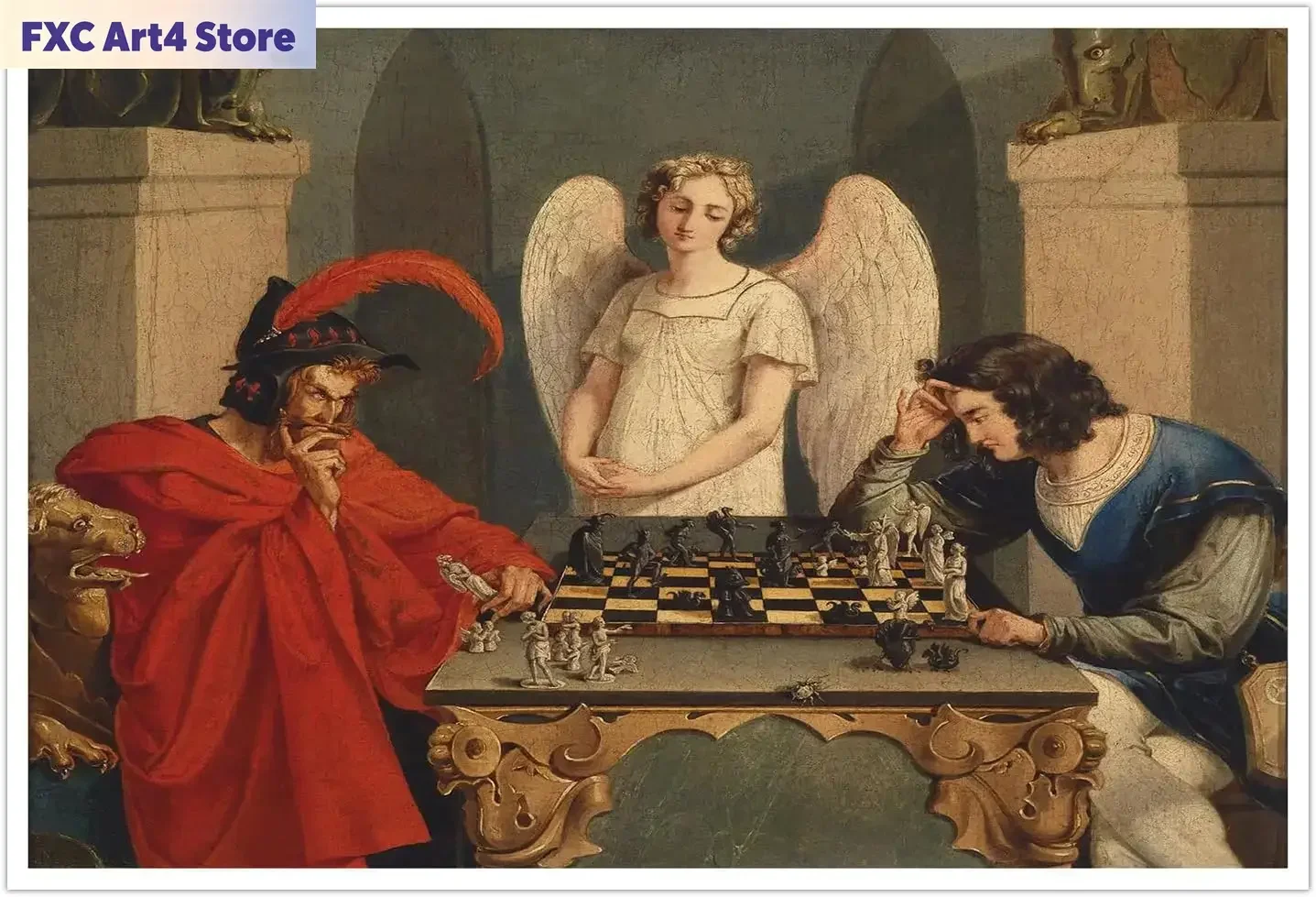 Frameless IUHYVMSM Vintage Faust And Mephistopheles Playing Chess Poster Canvas Wall Art, Classical Vintage Wall Decor for Bedro