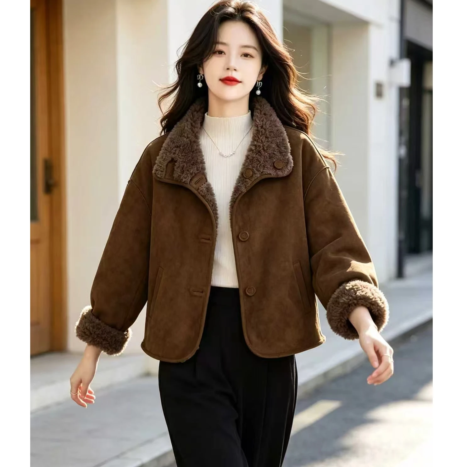Korean Style Double-Sided Suede Jacket Women's Short Loose Collar Thick Warm Autumn Winter Outerwear Fauna And Flora Protection