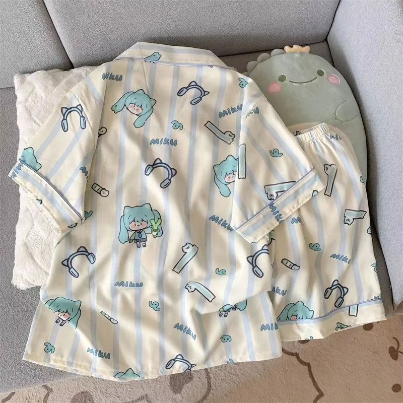 Hatsune Miku Women Pajama Set Anime Chibi Print Short Sleeve Down Shirt & Shorts Soft Breathable Summer Sleepwear Loungewear view 5