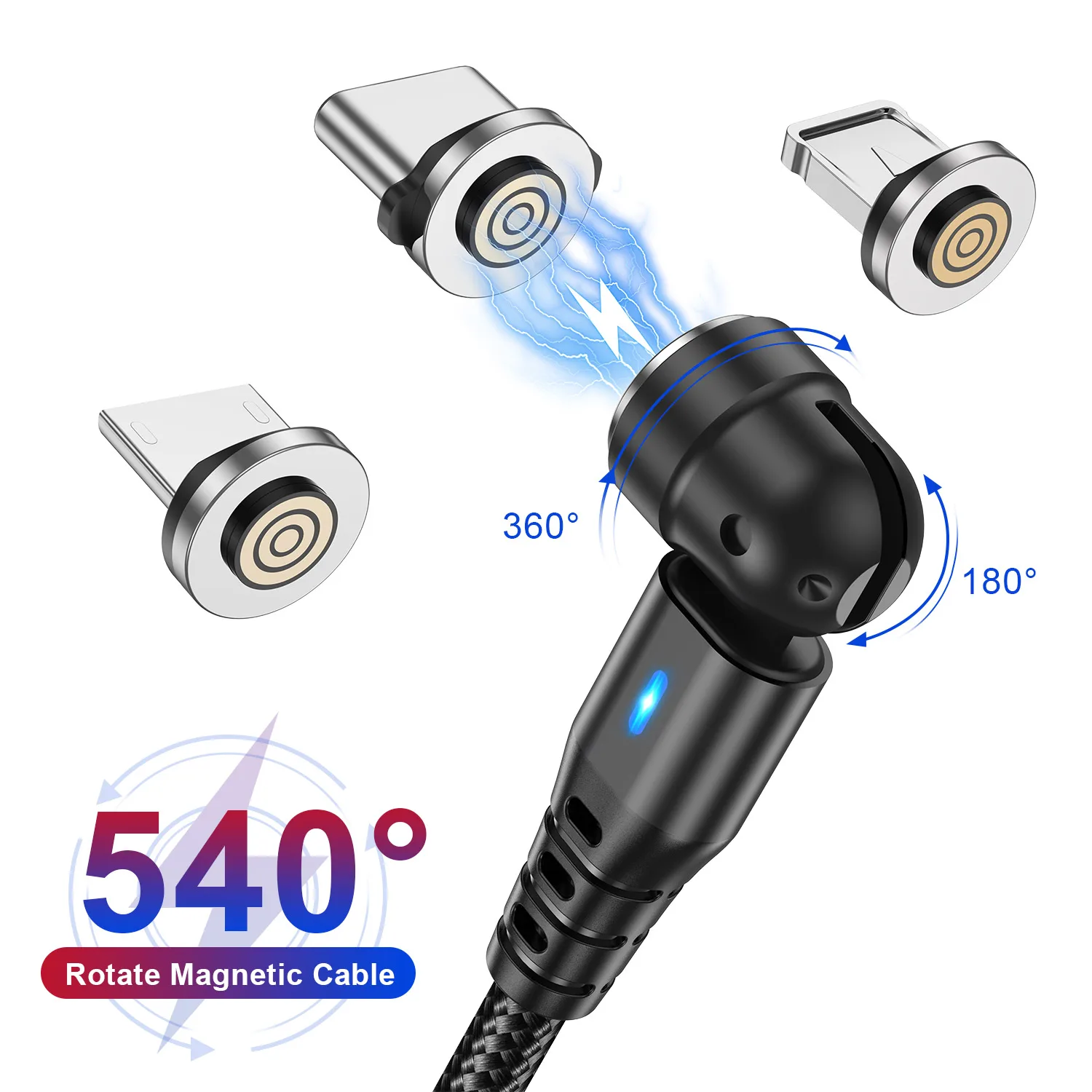 3A USB Type C Magnetic Cable 5 pin 540 Degrees Rotating Micro USB  Fast Charger Cable For iPhone Xiaomi Huawei Samsung Realme