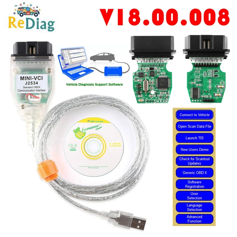 MINI VCI V1.4.1 TIS Techstream V18.00.008  FOR TOYOTA TIS Techstream FT232RL Chip J2534 OBD2 Diagnostic Cable For Toyota