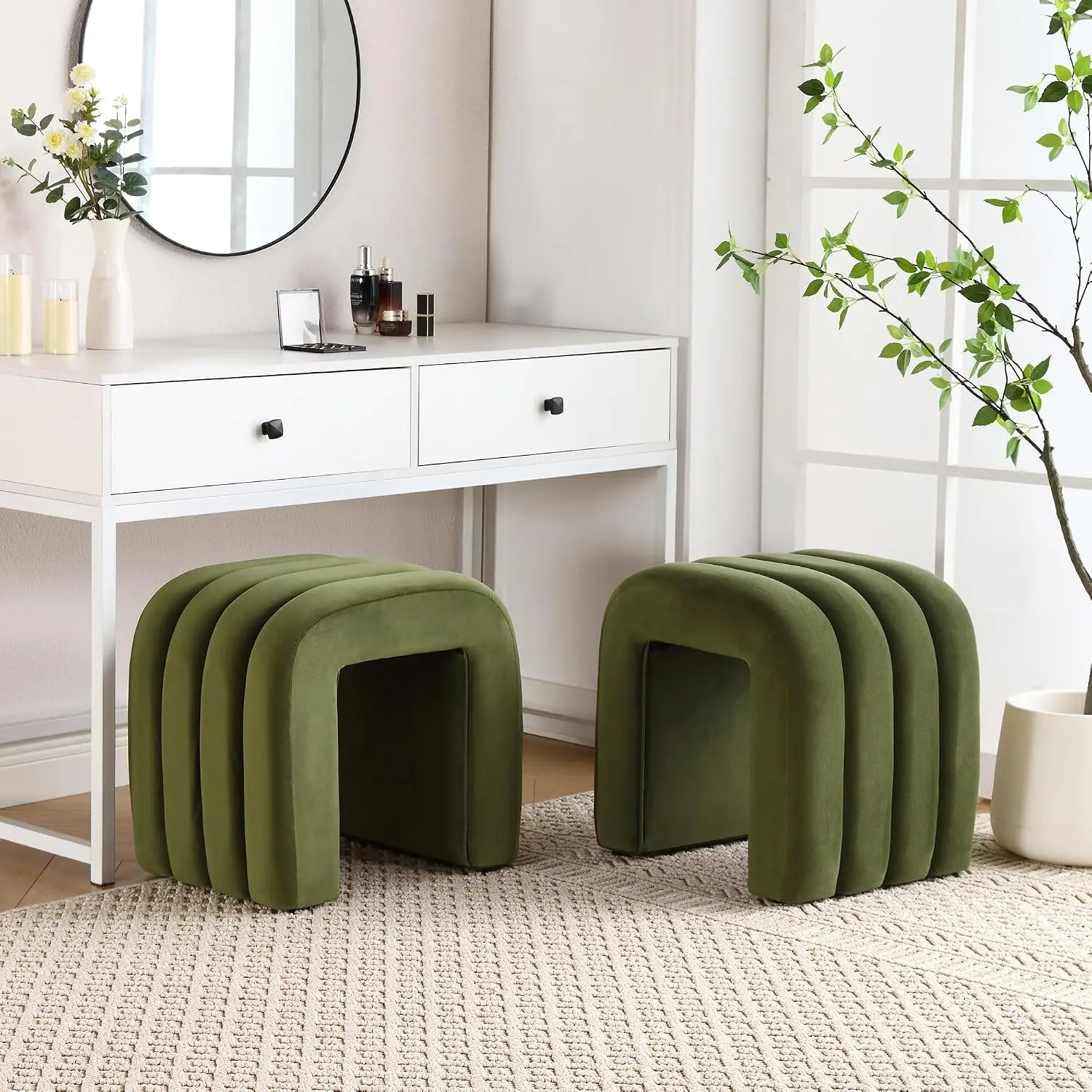 Velvet Pouf Ottoman, Olive Green Foot Rest for Couch 18 inch Cute Vanity Chairs for Makeup, Sturdy Frame, Living, Customized