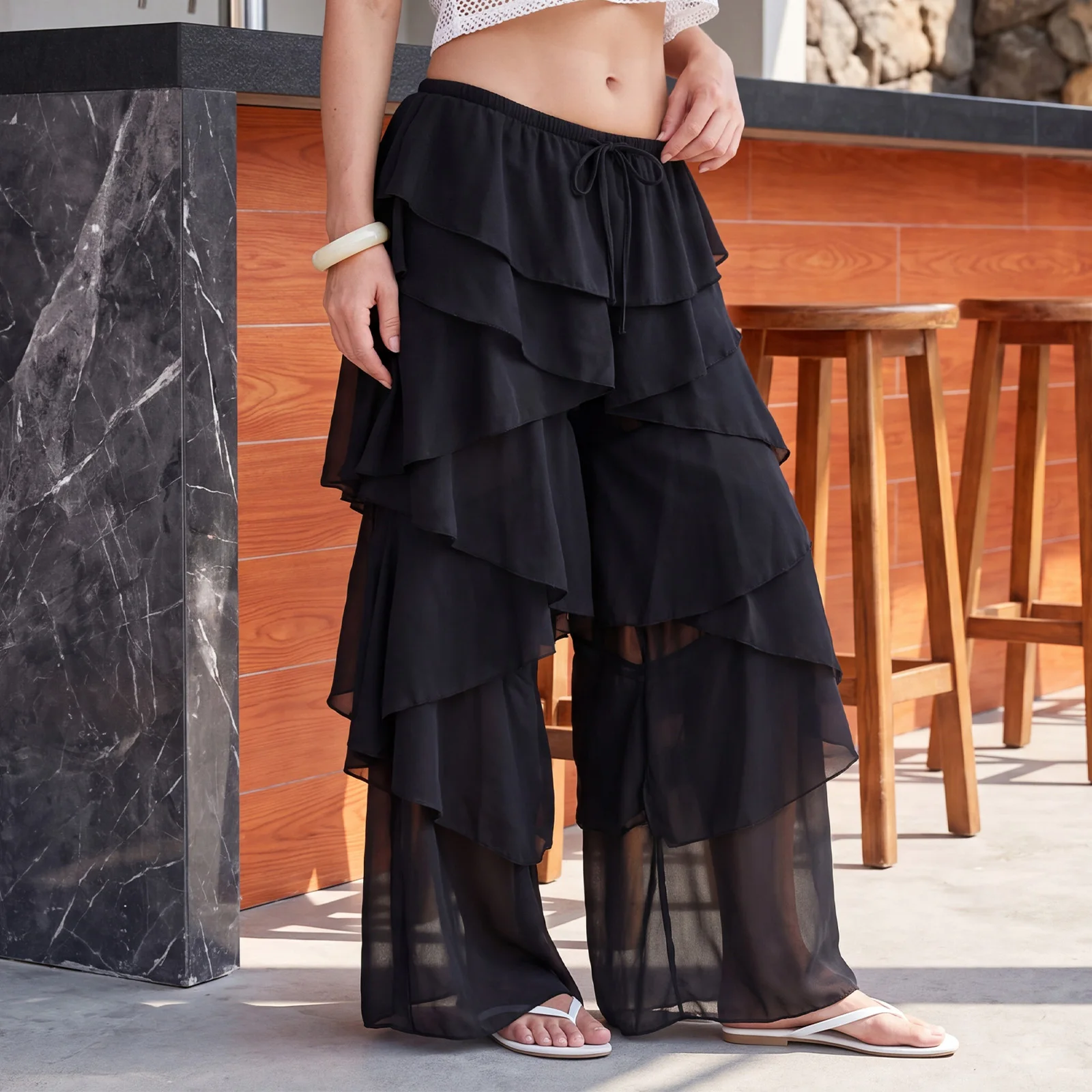 Women Layered Ruffled Wide Leg Pants Casual Low Rise Long Trousers with Drawstring Multi Layer Ruffled Chiffon Pants