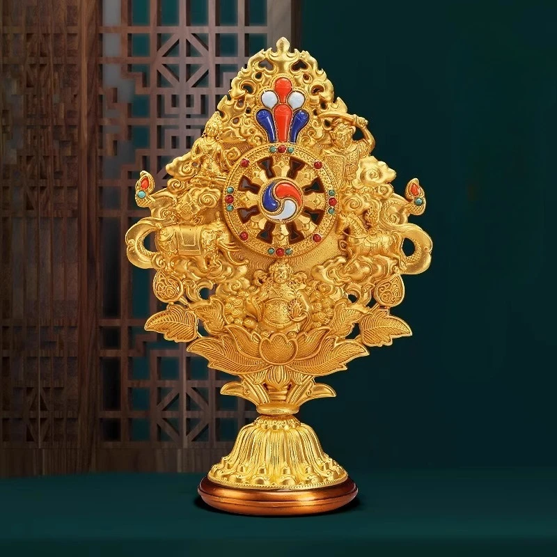 

Buddhist Dharma-Chakra,Engraving Golden Alloy Eight Auspicious Tantric Falun ,Tibetan Altars Religious Item Decorative,25cm,1Pcs