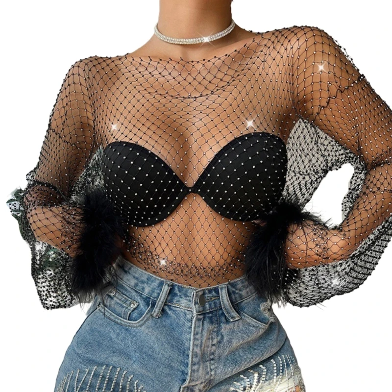 Rhinestones Shirt Fishnet Long Sleeves Solid Color Black Cropped Short Blouses Crewneck See-through Sheer Top-Wear Dropship