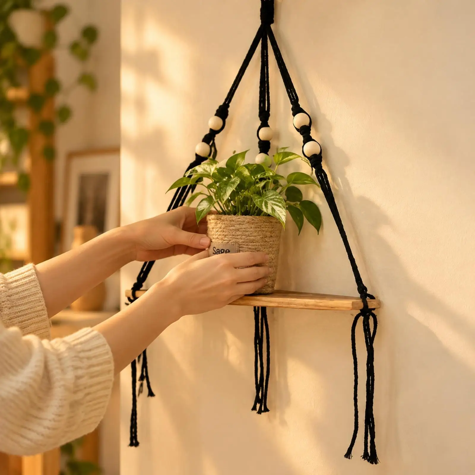 Handcrafted Rope Storage Shelf with Tassels for Living Room Plant Shelf Bedroom Accent Decor