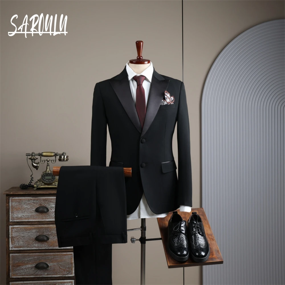 Black Mature Peak Lapel Suit Set For Men 2026 Two Pieces Single Breasted Premium Glamorous Groom Wear Host Wedding Party Tuxedo