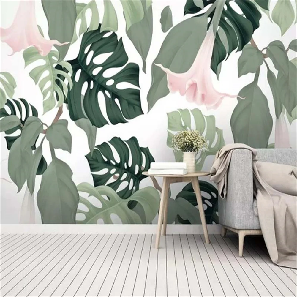 Custom 3D Monstera Deliciosa Wallpaper Mural - Modern Fresh Rainforest Plant Basho Leaf Pastoral Design for TV Background