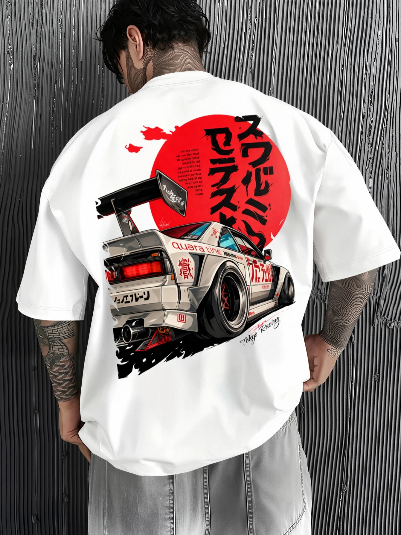Japanese Showa Era Racing Style Hot-Stamped Print T-Shirt. A Cool Top Designed for Trendy Men Who Love Racing Speed