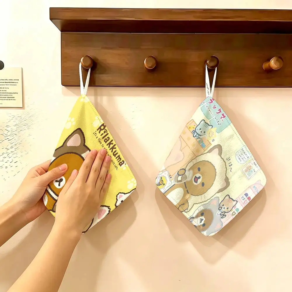 Cute Rilakkuma Polyester Cotton Hand Wiping Towel, Hanging Design, Durable for Household Restaurant Toilet Use