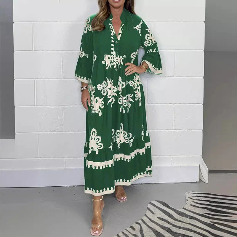 Vestidos Women\'s Printed Loose Ethnic Retro Dress Spring V Neck Button A-Line Long Dress Summer 3/4 Sleeve Bohemian Maxi Dresses