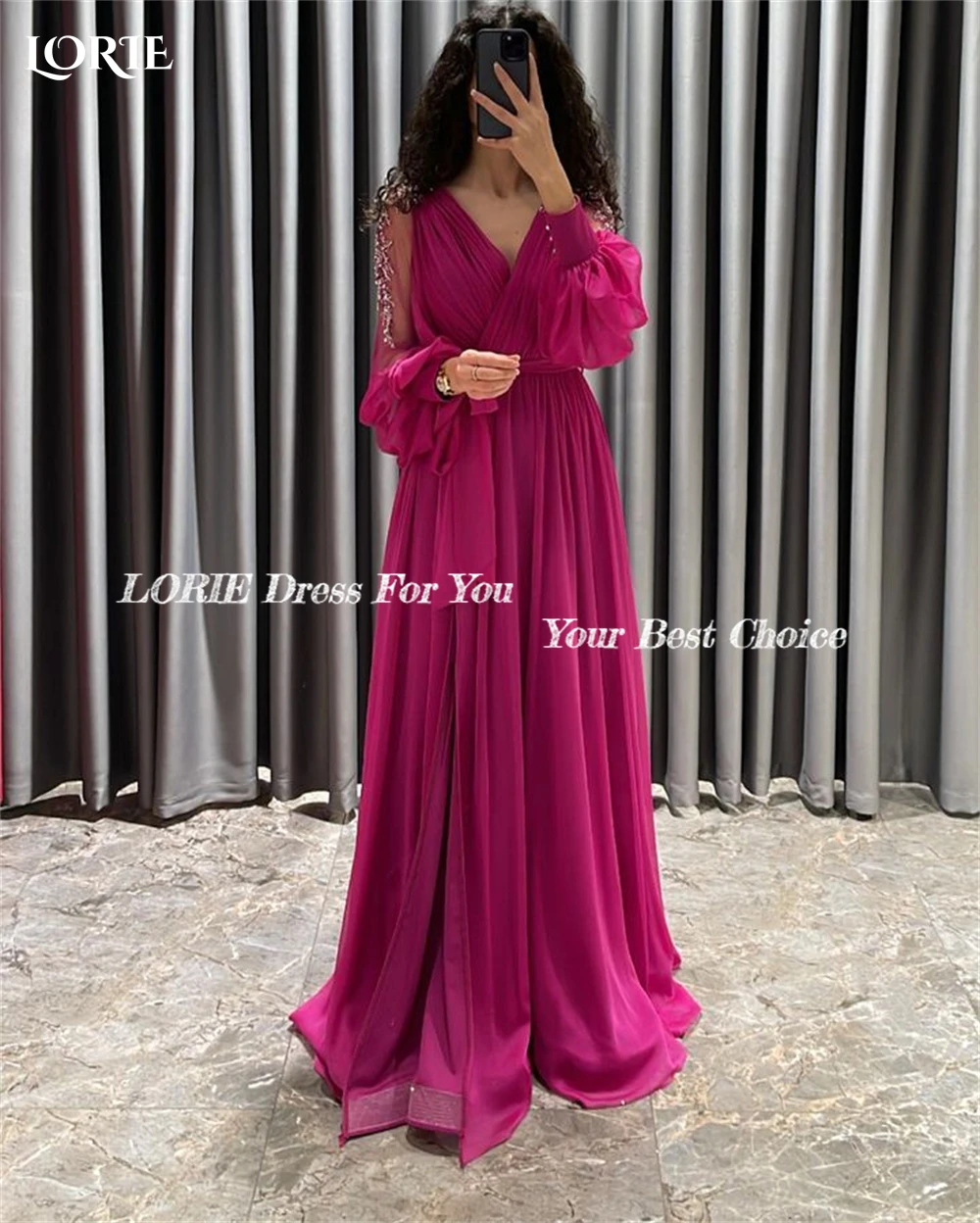 LORIE Solid Arabia Formal Prom Dresses A-Line Beaded Lantern Sleeves V-Neck EveninG Dress Side Slit Dubai Bride 2023 Party Gowns