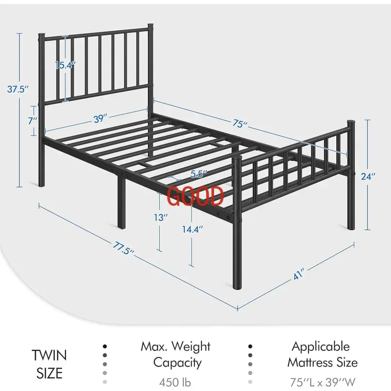 Twin Size Metal Platform Bed Frame Mattress Foundation With Spindle Headboard &Amp; Footboard/No Box Spring