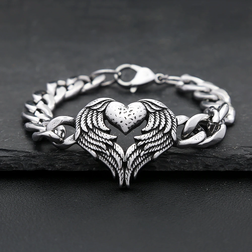 Mode Engel Flügel Liebe Armbänder Für Männer Frauen 316L Edelstahl Punk Charme Feder Herz Armreifen Party Biker Schmuck Geschenke