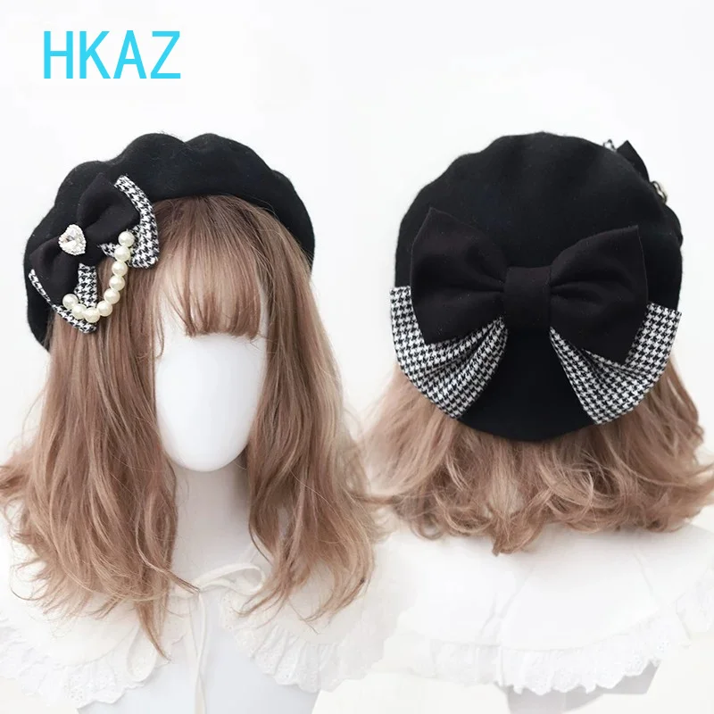 Original Versatile Retro Beret Spring and Autumn New Caps Sweet Black and White Color Scheme Simple Gentle Bow Beaded Hat