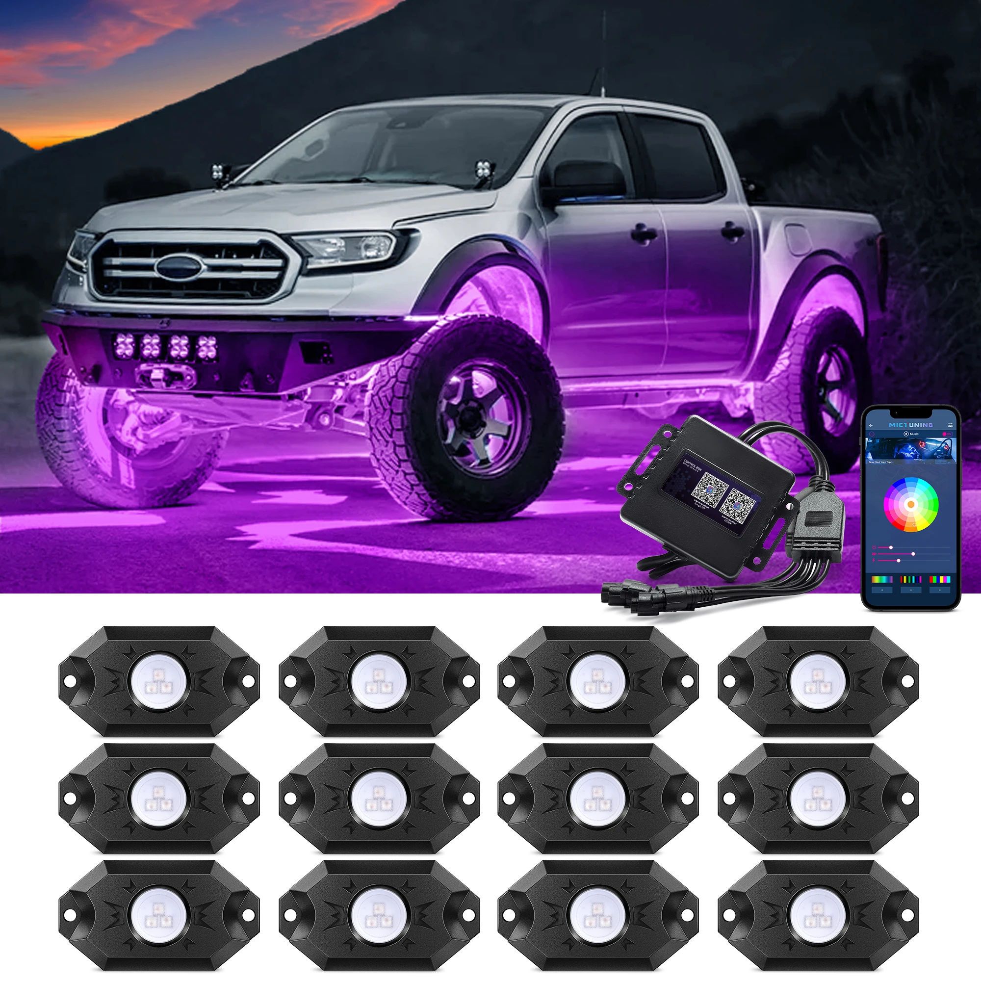 

MICTUNING Upgraded CM RGB LED Rock Lights Kits 12 Pods Multicolor Neon Light Waterproof Underglow Lighting Kit with APP Control