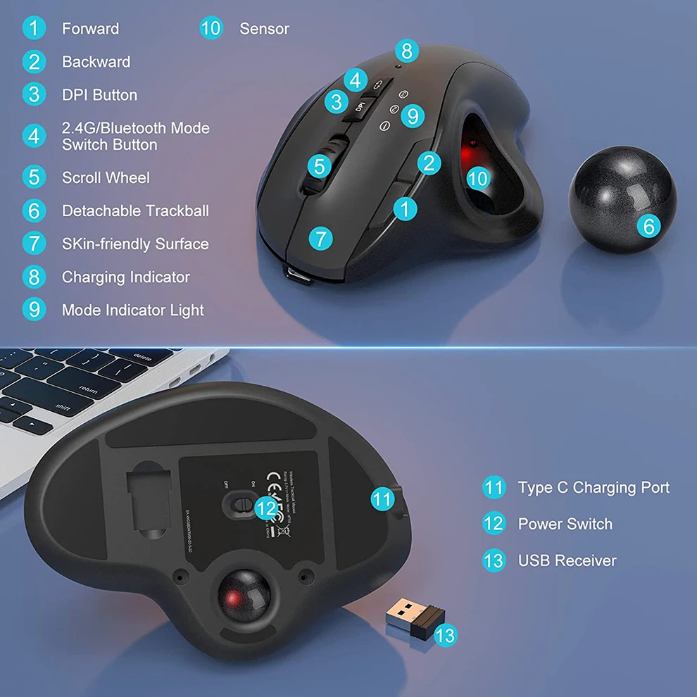 Imagem -03 - Mouse Trackball Recarregável sem Fio Ergonômico Fácil Controle do Polegar Rastreamento Suave Preciso Conexão de Dispositivo para Laptop pc